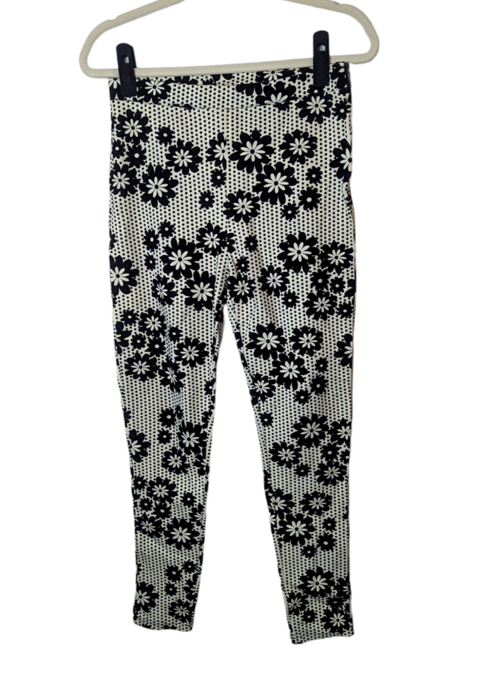 Womens Ponte Pant Black & Cream Retro Flower Polka Dot Velvet Feel Design Size L